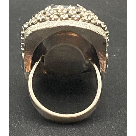 Statement Ring Emerald Cut Faux Blue Sapphire 3 Rows CZ Silver Tone Sz 7 GLOWS - Picture 4 of 8